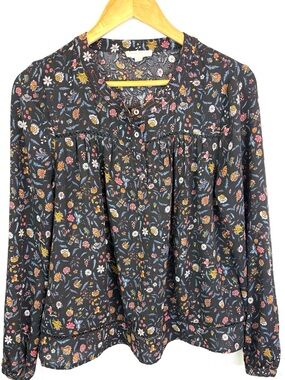 Current Air Pleated Floral Long-Sleeve Blouse - Black Floral size M